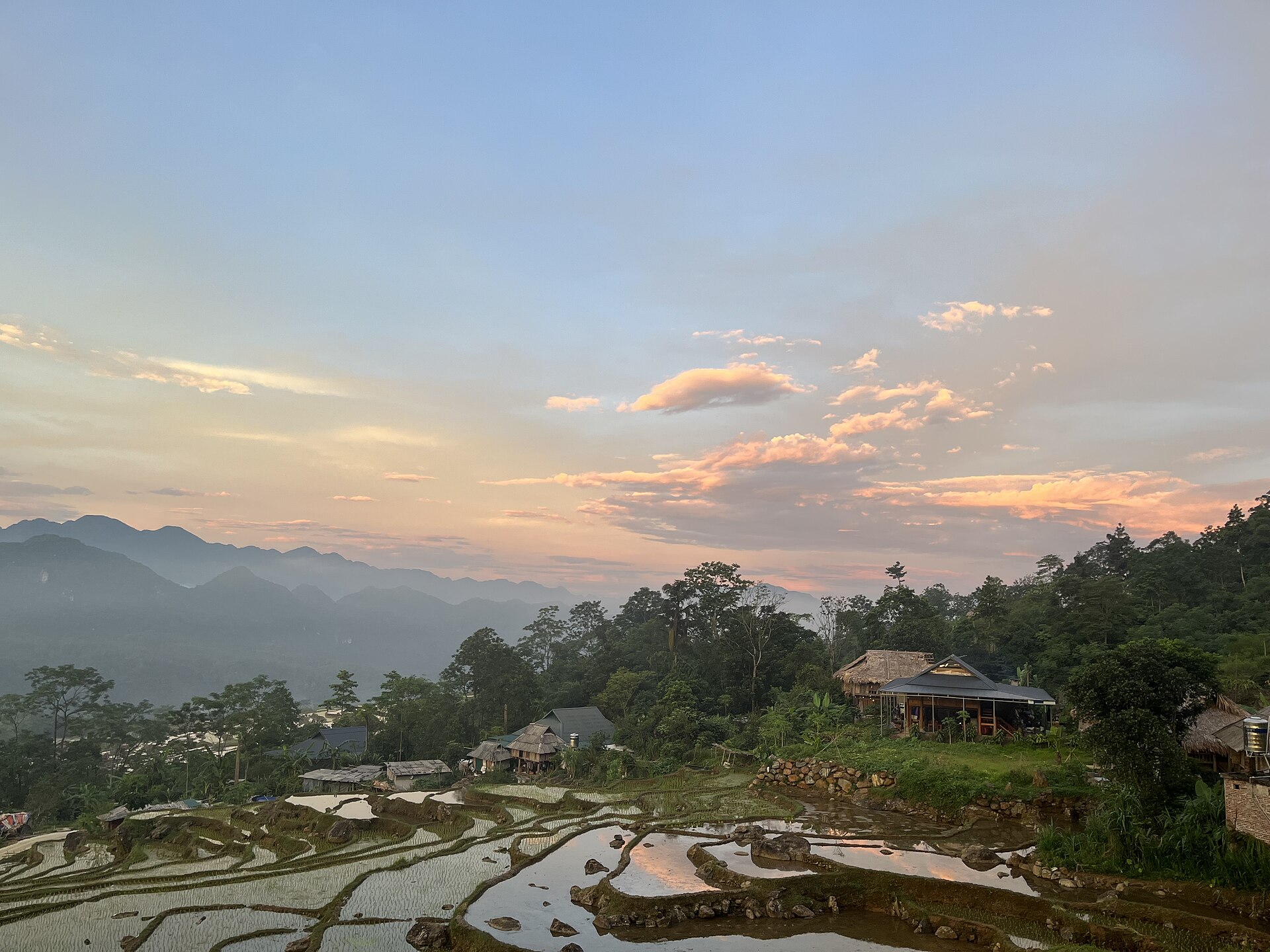 Ruộng bậc thang mùa nước đổ và homestay ở Pù Luông lúc hoàng hôn